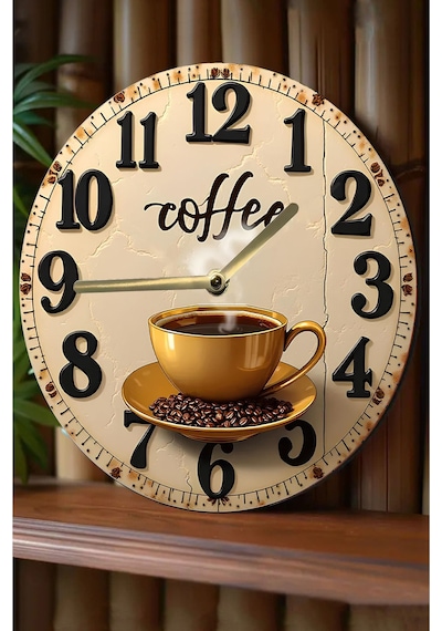 Sessiz Yuvarlak Ahşap Duvar Saati, Kuvars Coffe Desen 2d Sdw028 Renkli