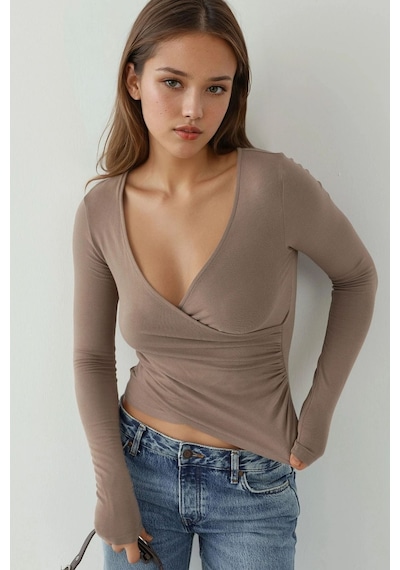 Hiccup Yumuşak Dokulu Slim Fit V Yaka Uzun Kollu Üst Kunduz Kahverengisi