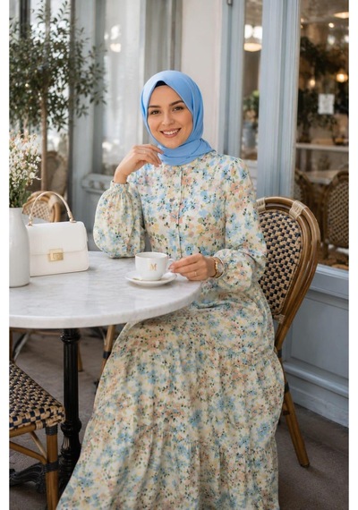 Hb Harma Time Butik Kadın Düğmeli Desenli Modal Kumaş Bej Elbise Bej Bej