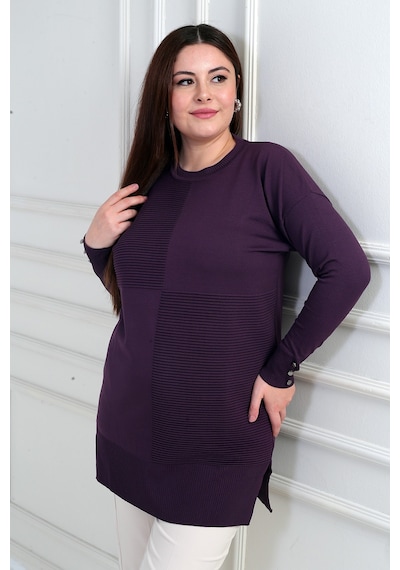 By Saygı Kadın Kolları Düğme Detaylı Büyük Beden Tunik Bluz Mor