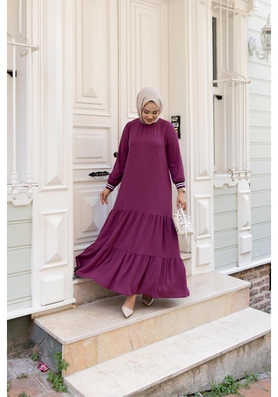 Hb Harma Time Butik Kadın Kat Kat Ribanalı Fuşya Tesettür Elbise Fuşya Fuşya