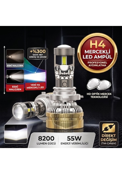 H4 Lazer Mercekli Far Ampulü Ufuk Çizgili Otomobil Araç Motosiklet Uyumlu Profesyonel Mini Projektör Led Beyaz Led Xenon Lamba 8200lm Şimşek Etkili Uzun Kısa 2 Adet 12/36v 55w