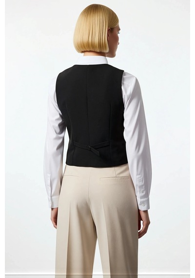 Benerly Kadın Bisiklet Yaka Kolsuz Fitted Crop Dokuma Kumaş Yelek Düz Des Siyah