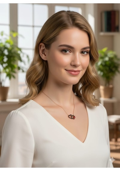 925 Ayar Papatya Silver Siyah Taşlı Çift Kalp Uğur Böceği Kolye.rose.gold.rodaj Gümüş