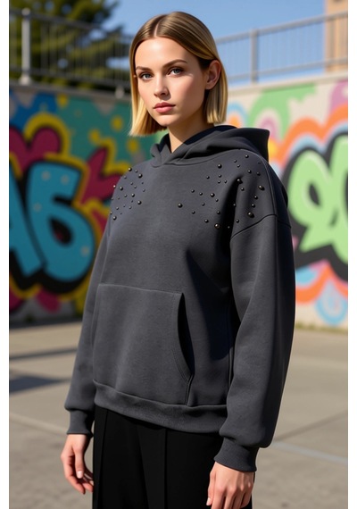 Benerly Kadın Kapüşonlu Düşük Kol Uzun Kollu Relaxed Kalıp Sweatshirt Fon Antrasit