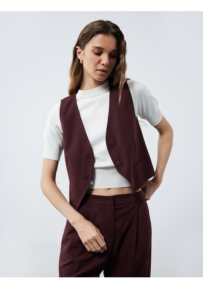 Koton Astarlı Kolsuz Düğmeli V Yaka Blazer Yelek Bordo 6wak20009pw Bordo
