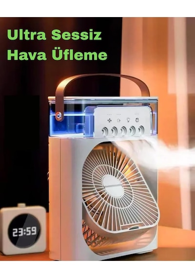 Şarjlı Soğutmalı Vantilatör - Beyaz - 7 Renk Led Işıklı Mini Hava Soğutucu, Buharlı Nemlendirici, Parfüm Hazneli, Zaman Ayarlı, Taşınabilir Usb Fan Ev & Ofis İçin