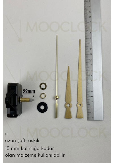 Saat Makinesi, Akar Sessiz Duvar Saati Mekanizması, 22 Mm Şaft, Akrep-yelkovan-saniye- Askılı Gold