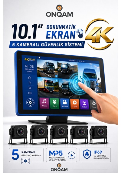 5 Kameralı 4k Dokunmatik Ekranlı Mp5 Kamyon Tır Otobüs İçin Uygun Araç Monitör Seti