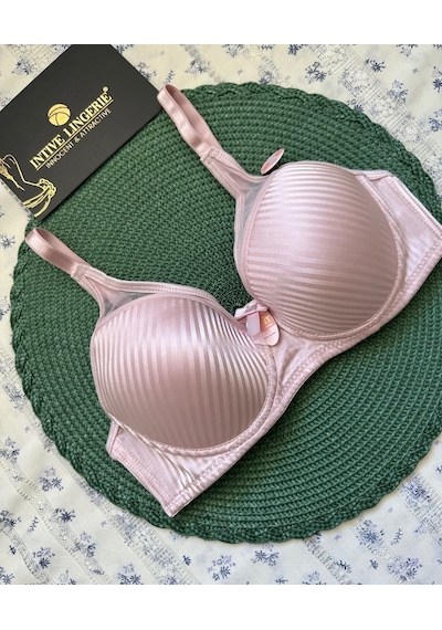 Evelyn Parlak Saten Çizgi Detaylı C Cup Balenli Desteksiz Önü Tül Pembe