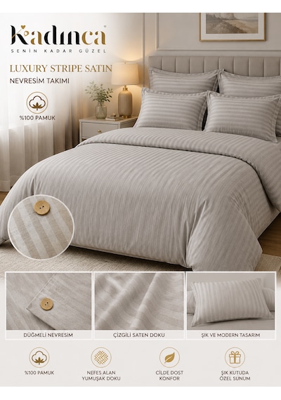 Luxury Stripe Pamuk Saten Nevresim Takımı 6parça Açık Gri