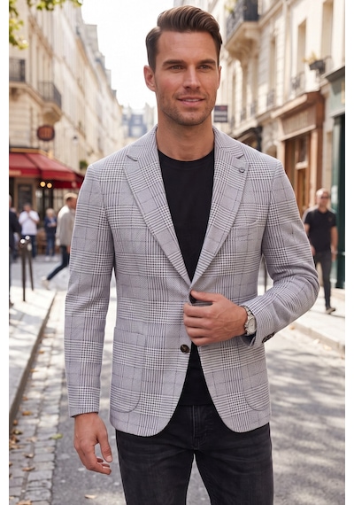 Rizzup Erkek Slim Fit Ekose Mavi Blazer Ceket Astarlı Kışlık Şık Spor Ceket 2702420