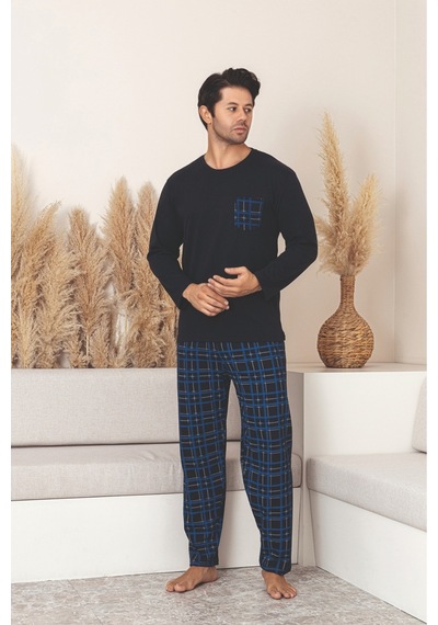 Sude Homewear Erkek Ekoseli Cepli Uzun Kollu Pijama Takımı Lacivert