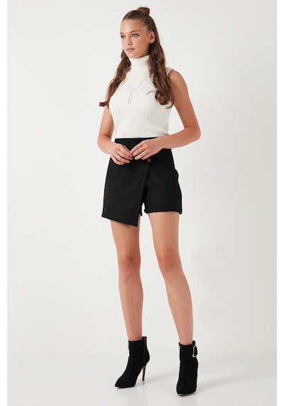 Lela Asimetrik Kışlık Scuba Süet Düğme Detaylı Slim Fit Bayan Şort Etek 5865968 Siyah