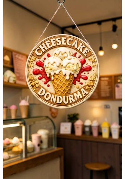 Cheesecake Dondurma Görselli Ahşap İpli Kapı Duvar Süsü Pastane Vitrin Reklamı
