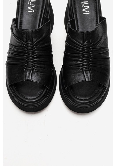 Luvishoes Nellıe Siyah Hakiki Deri Kadın Dolgu Tabanlı Terlik