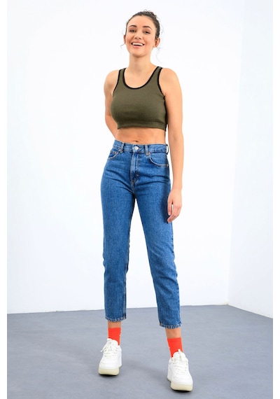 Tommy Life Haki Basic Sıfır Kol Dar Kalıp U Yaka Kadın Crop Top Atlet - 97160 Haki