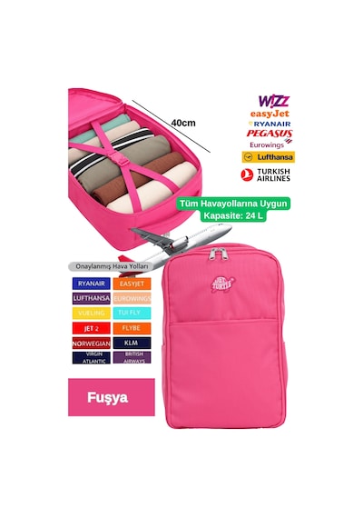 Jet Turtle Seyahat Sırt Çantası 40cm 40x25x15 Cm Pegasus, Wizz Air, Ryanair, El Valizi Koltuk Altı Valizi Fuşya