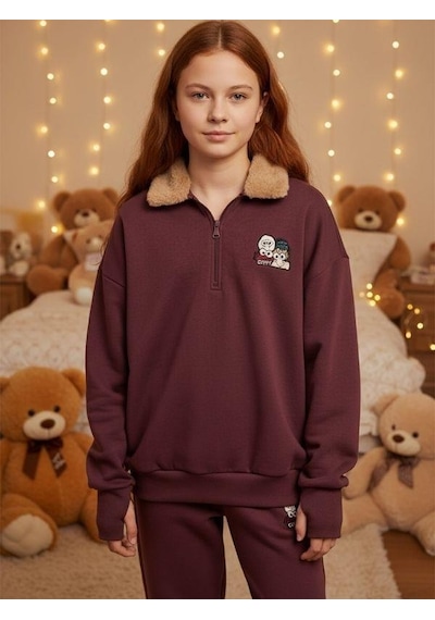 Kız Çocuk Yakası Tüylü Fermuarlı Parmak Geçirme Detaylı Tasarım Sweatshirt-16489 MÜRDÜM
