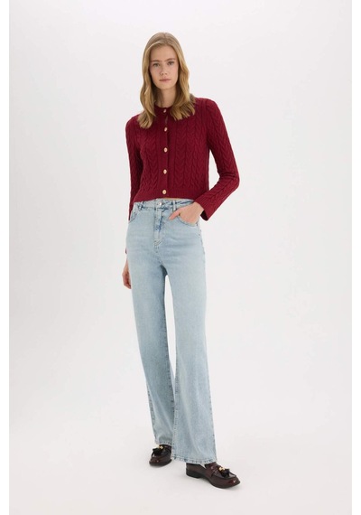 DeFacto Regular Fit Bisiklet Yaka Selanik Örgü Desenli Basic Düz Triko Hırka C9044AX25SPBR285 Bordo