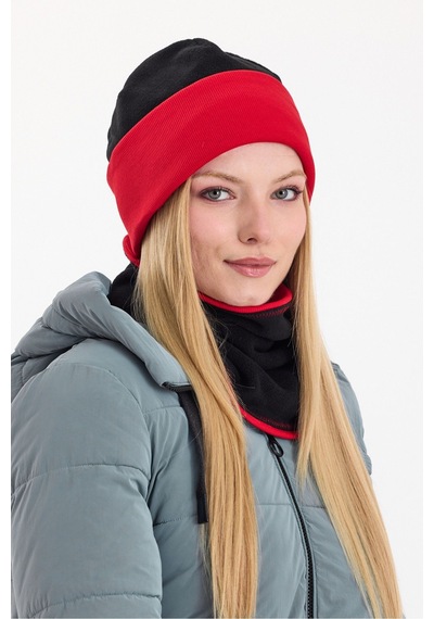 Butikgiz Kadın Dış Kısım Polar, İç Kısım Kaşkorse Pamuklu, Çift Renk, Çift Kat, Katlanabilir Bere Boyunluk Set Siyah-kırmızı