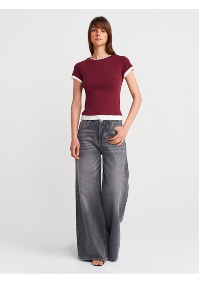 Dilvin 31859 Çift Görünümlü T-shirt-açık Bordo Açık Bordo