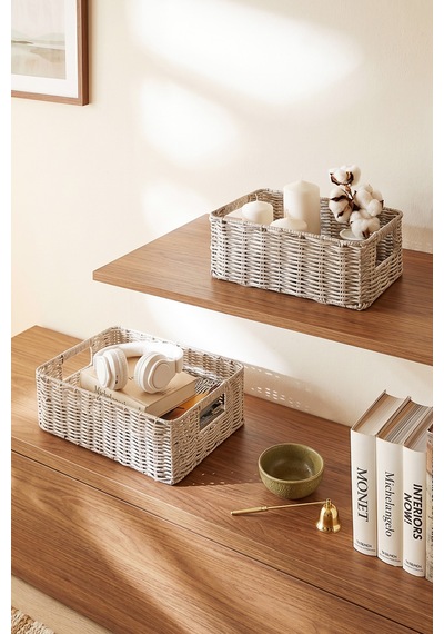 Ocean Home Textile 2'li Yıkanabilir Gri Pp Rattan Sepet Set 30 X 20 X 11 / 36 X 26 X 12 Cm