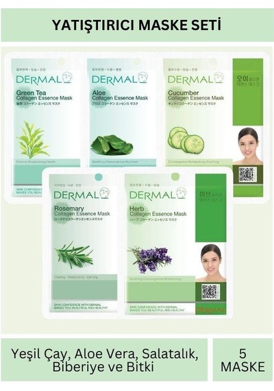Dermal Yatıştırıcı Etkili Yeşil Çay Aloe Salatalık Biberiye Ve Bitki Özlü Maske Seti 23gr X 5adet