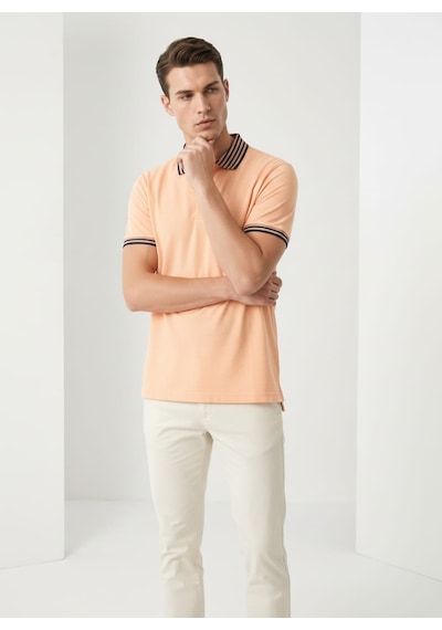Giyim Dünyası Erkek Yaka Çizgili Polo Yaka Kısa Kol Tshirt Somon