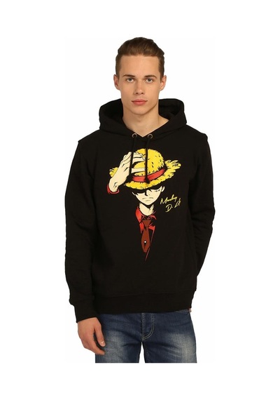 Bant Giyim - One Piece Luffy Siyah Kapüşonlu Sweatshirt Siyah