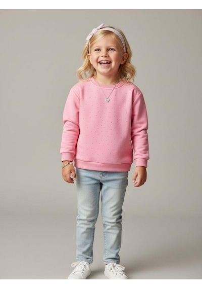 Kız Çocuk Pamuklu Taşlı Sweatshirt-16747 Pembe