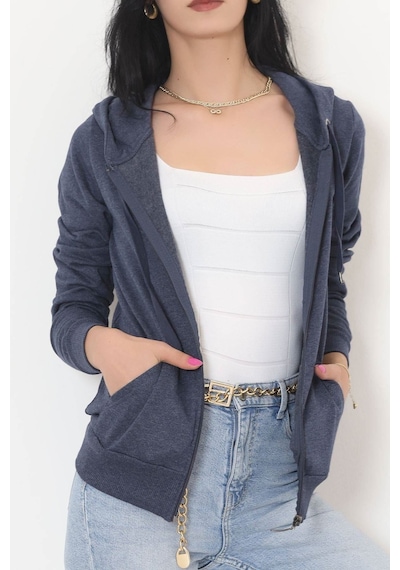 Buyers Butik - Kapşonlu Fermuarlı Sweat Koyuindigo - 11866.108. 001