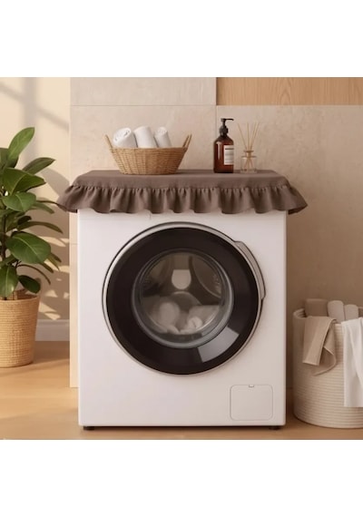 Fırfırlı Çamaşır Makinesi Örtüsü - Çeyizlik Dekoratif Banyo Makine Kılıfı- Kahverengi