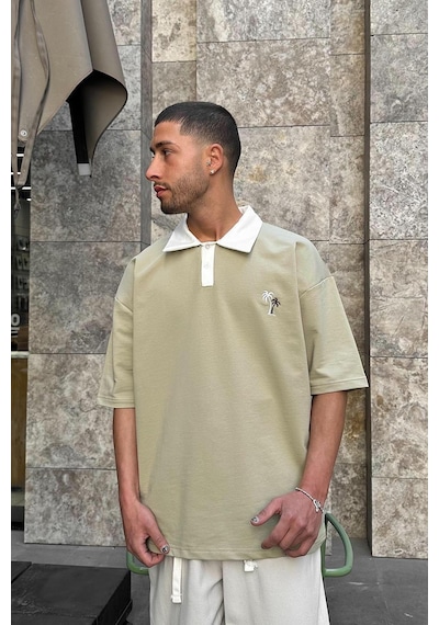 Su Yeşili Palmiye Polo Yaka Outplenty Premium Oversize Tişört Su Yeşili