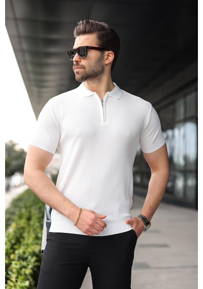 Madmext Beyaz Yarım Fermuarlı Polo Yaka Triko Erkek Tişört E7459 Beyaz