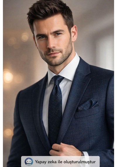 Gaffy Mavi Kırcıl Desenli Lacivert Dokuma Kumaş Mendilli Slim Fit Kravat // Sdk-2610-2 Lacivert