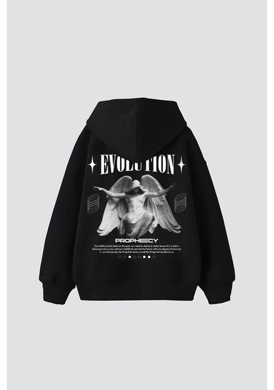 Startmore Evolution Baskılı Oversize Unisex Kapüşonlu Beyaz Siyah