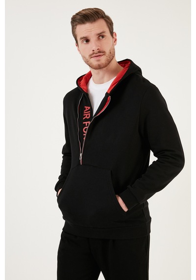 Buratti Kanguru Cepli Fermuarlı Kapüşon Yaka Slim Fit Erkek Sweat 575707 Siyah-Kırmızı