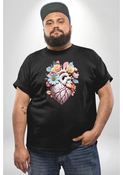 Angemiel Porselen Çiçek Kalp Siyah Büyük Beden Erkek Kadın Unisex Basic Ön Baskılı Tişört Siyah