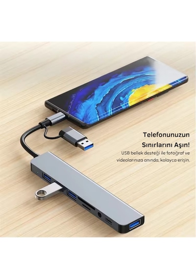 Alfais 6010 8 İn 2 Usb-c & Usb 3.0 Hub Çoklayıcı Usb, Type-c, Sd/tf Ve Aux Çevirici