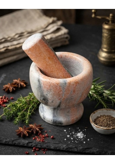 El Yapımı Doğal Mermer Havan & Tokmak Seti - Turuncu