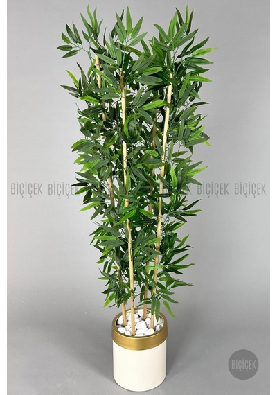 Yapay Bambu Ağacı 140cm Krem Gold Metal Saksıda Krem-gold