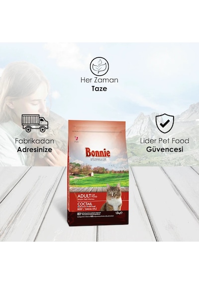 Bonnie Renkli Taneli Sığır Etli Yetişkin Kedi Maması 3 x 1500 G