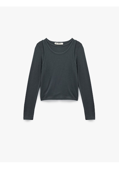 Koton Slim Fit Atlet Görünümlü Bisiklet Yaka Uzun Kollu Tişört Antrasit 6wal10429ık Antrasit
