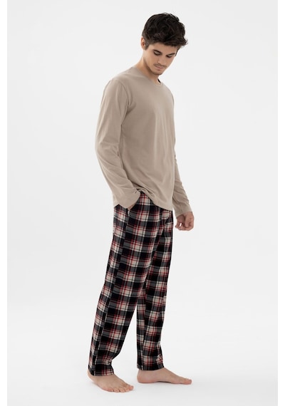 Erkek Pamuklu Uzun Kollu Basic Siyah - Vizon Ekose Desenli Cep Detaylı Pijama Takımı Ko60111 Vizon