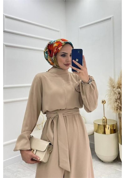 Neşeli Butik Kadın Bej Kuşaklı Gül Detaylı Salaş Tulum Nms003 Bej