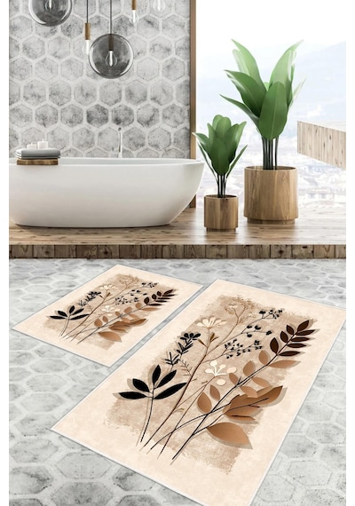 Dijital Baskı Yaprak Desen Kaymaz Taban 2li Set Banyo Paspası Klozet Takımı 50x60cm-60x100cm Krem