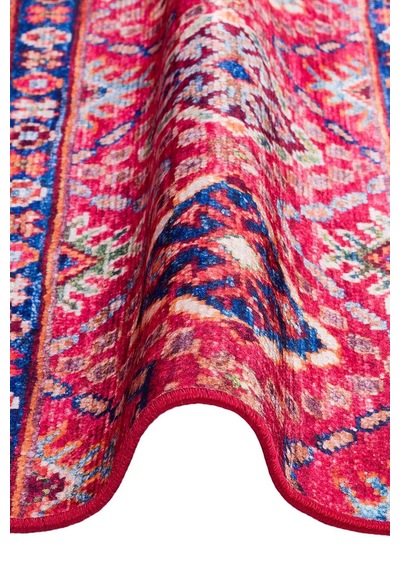 Etnik Kilim Desenli Pamuk Taban Yıkanabilir Baskılı Dekoratif Oval Halı Kırmızı