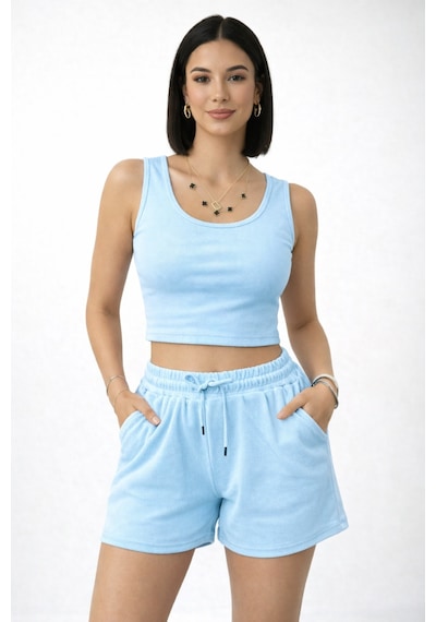 Trend Alisse Kadın Beli Lastikli Şort Crop Alt Üst İkili Takım Su Mavisi