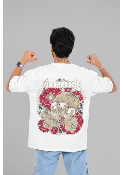Metallica Rock Metal Baskılı Unisex Oversize Müzik Grubu Tişört Beyaz